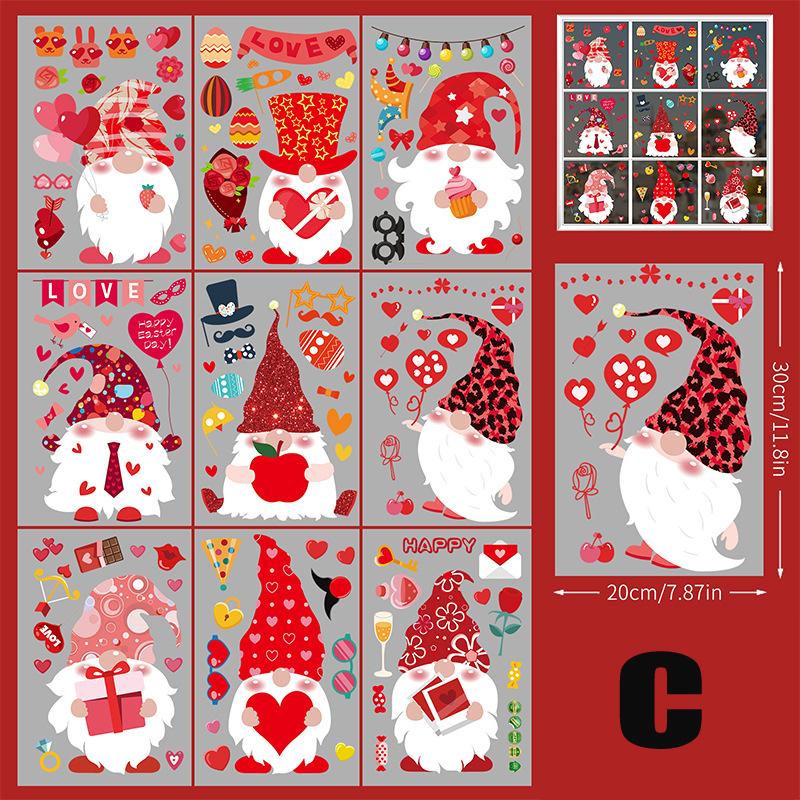 9pcs Valentine's Day Gnomes No Glue Static Sticker Window Glass Refrigerator Sticker