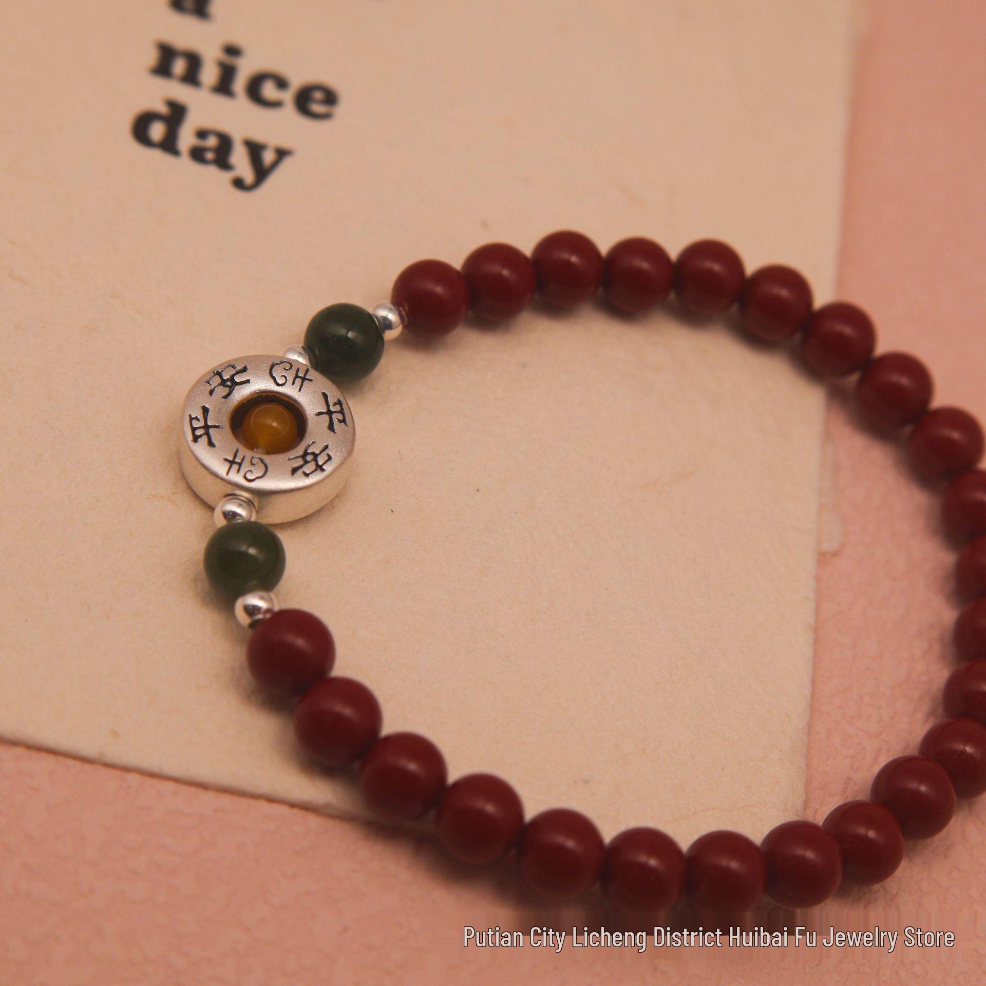 Sterling Silver Peace Blessing Cinnabar Beaded Bracelet with Amber and Jade Sterling Silver