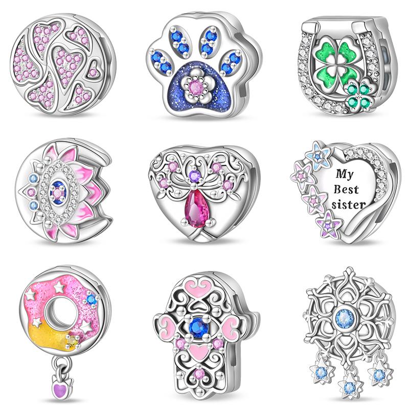 New 925 Silver Lucky Four Leaf Clover Donut Lotus Charms Flat Beads Fit 3mm 925 Bracelets DIY Friendship Jewelry