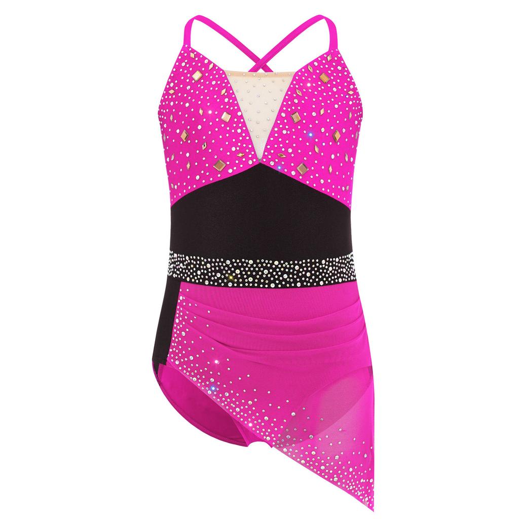 Rochie Patinaj Artistic Fete Spate Încrucișat Bretele Spaghetti Strasuri Design Încrețit Rochie Asimetrică din Plasă