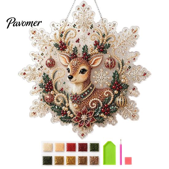 Acrylic Beaded Art Supplies Christmas Faux Pearl Painting Suncatcher Kit, Snowflake Shape Board Decorative Hanging Window with Lace Edge, 3D