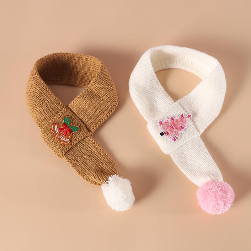 Cat Dog Knitted Scarf Christmas Tree & Bell Embroidery Neck Warmer with Pompom Ball Xmas Party Pet Dress-up Costume Accessories