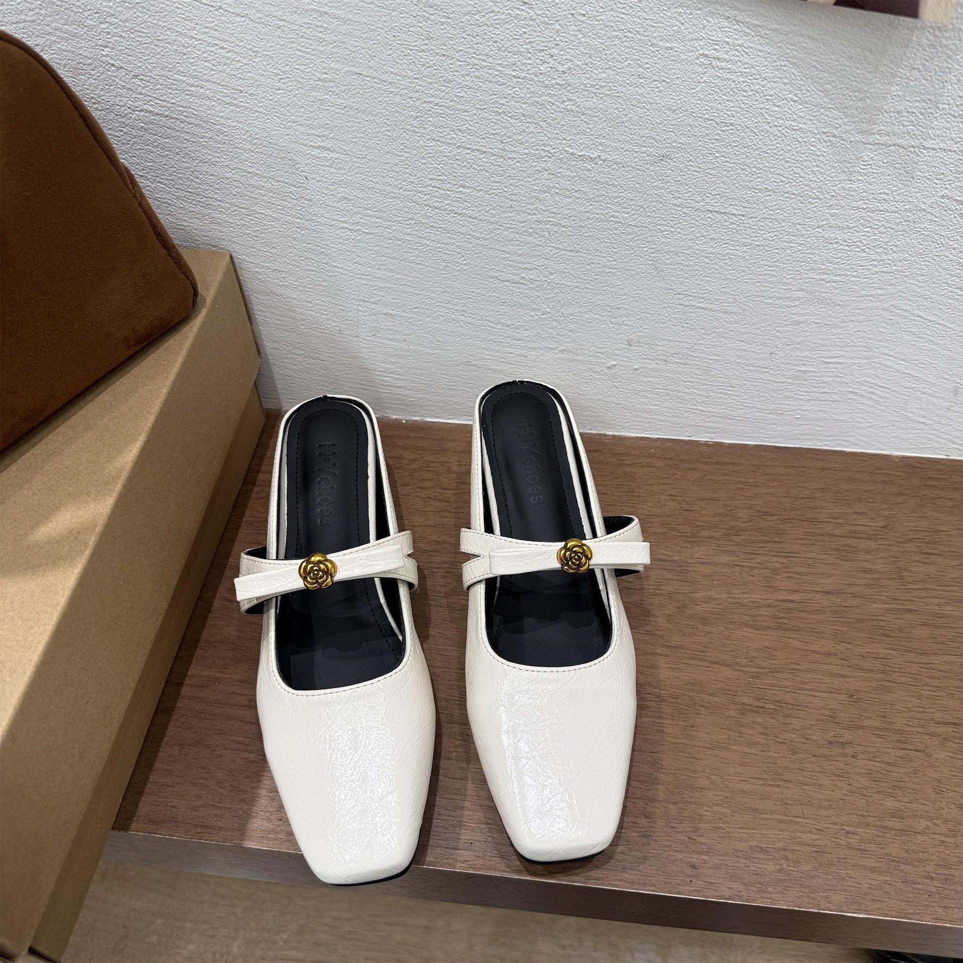 Spring And Summer Versatile Single Shoes French Gentle Temperament Slippers Inner Height Increase Square Head Mary Jane Half To Muller Shoes 35