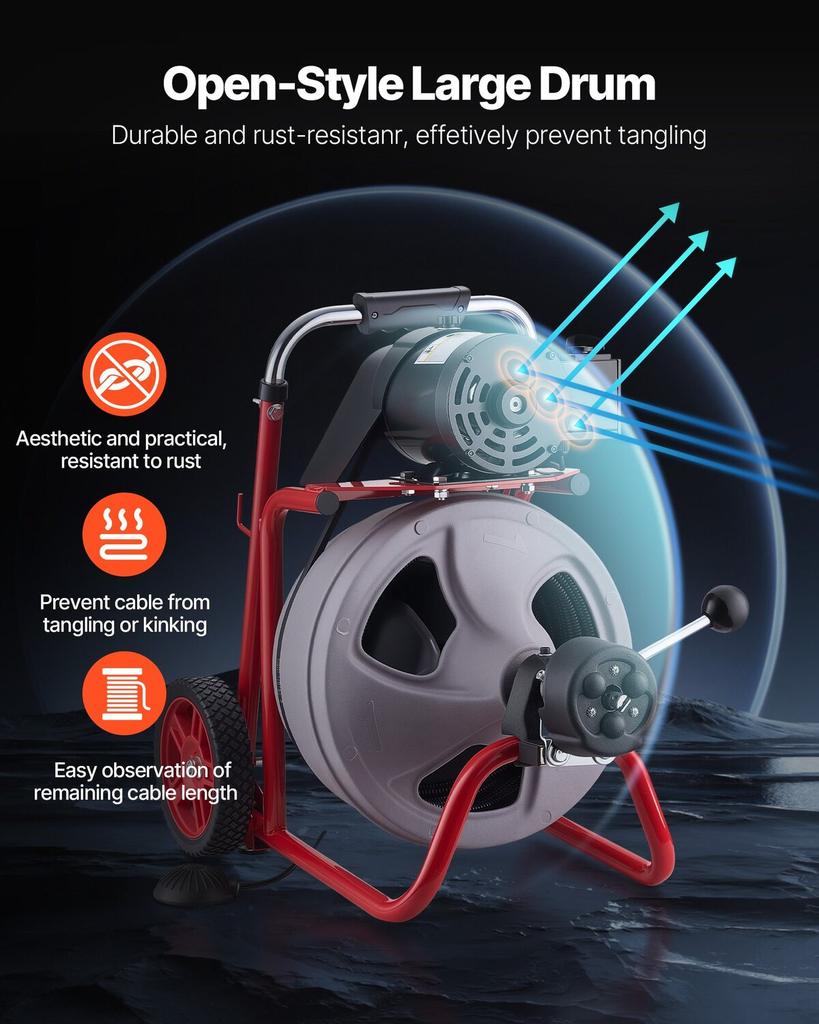 Drain Cleaner Machine 30m X 9.5mm, Auto Feed Sewer Snake Drain Auger On Wheels, Portable Drain Cleaning Machine with 8 Cutters & Air-Activated Foot