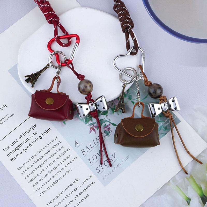 Leather Rope Keychain  Cherry Bow Cute Heart Bag Pendant 3D Creative Cartoon Keyring Anti-Lost Mobile Phone Lanyard