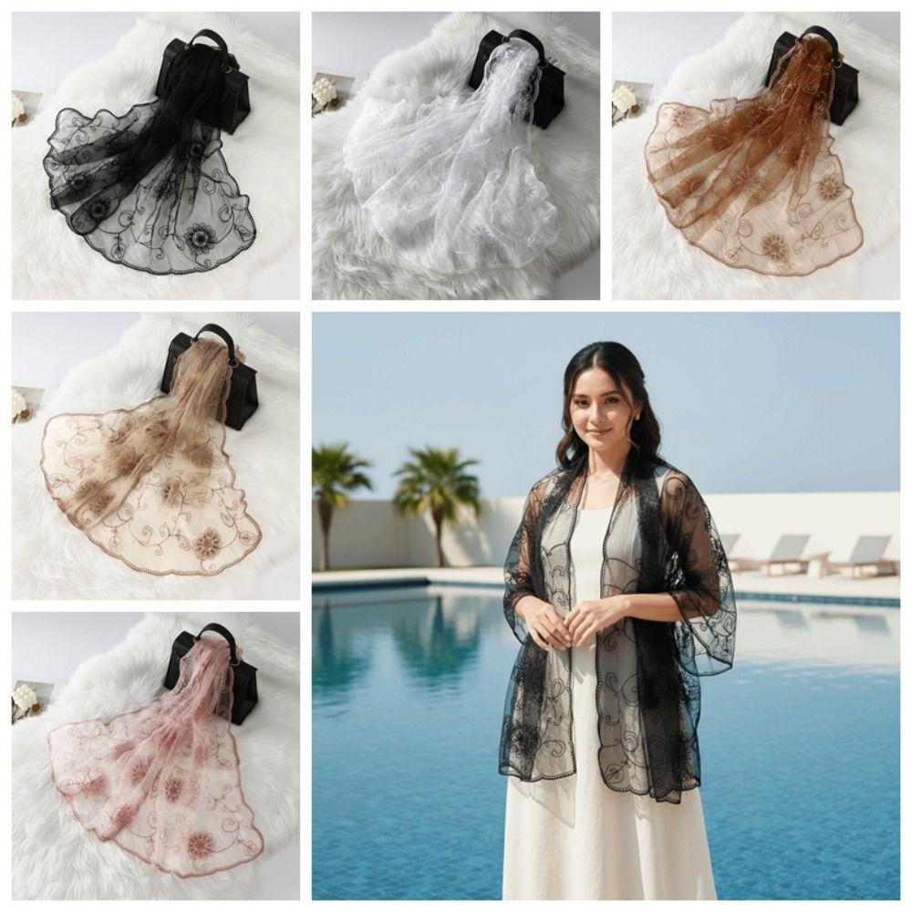 Lightweight Sheer Shawl Embroidered Mesh Stole Neck Wrap Floral Headwrap  Sun Protection