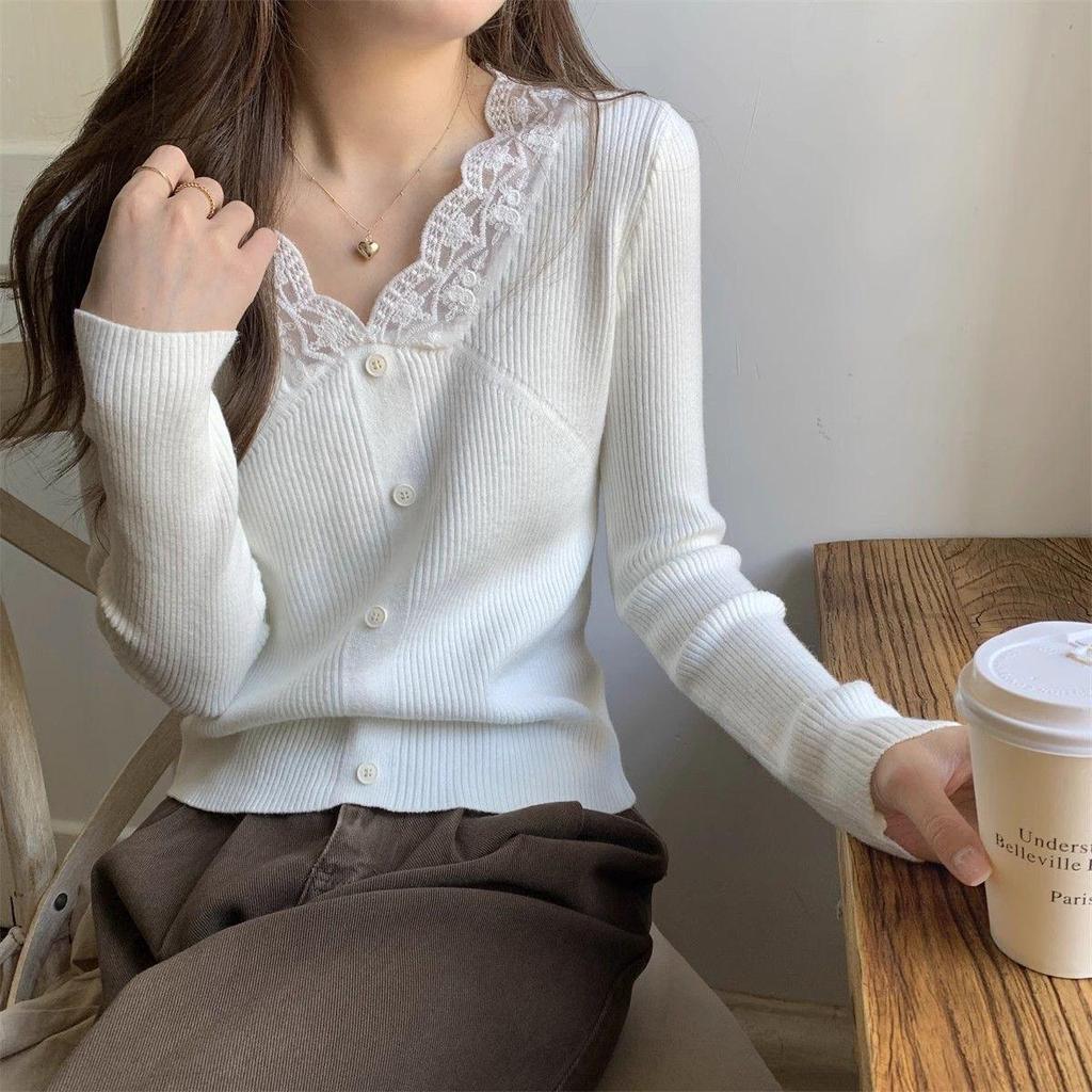 2025 Spring/Autumn Fashion Lace Patchwork Slim Fit Long Sleeve Knit Top