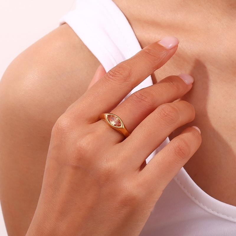 Horse Eye Zircon Seal Ring Colorful 18K Gold Plated Ring Stainless Steel Finger Jewelry Everyday Wear Accessories