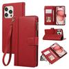 For iPhone 15 Pro Case Multi Card Slots Zipper Leather Phone Cover with Wrist Strap
