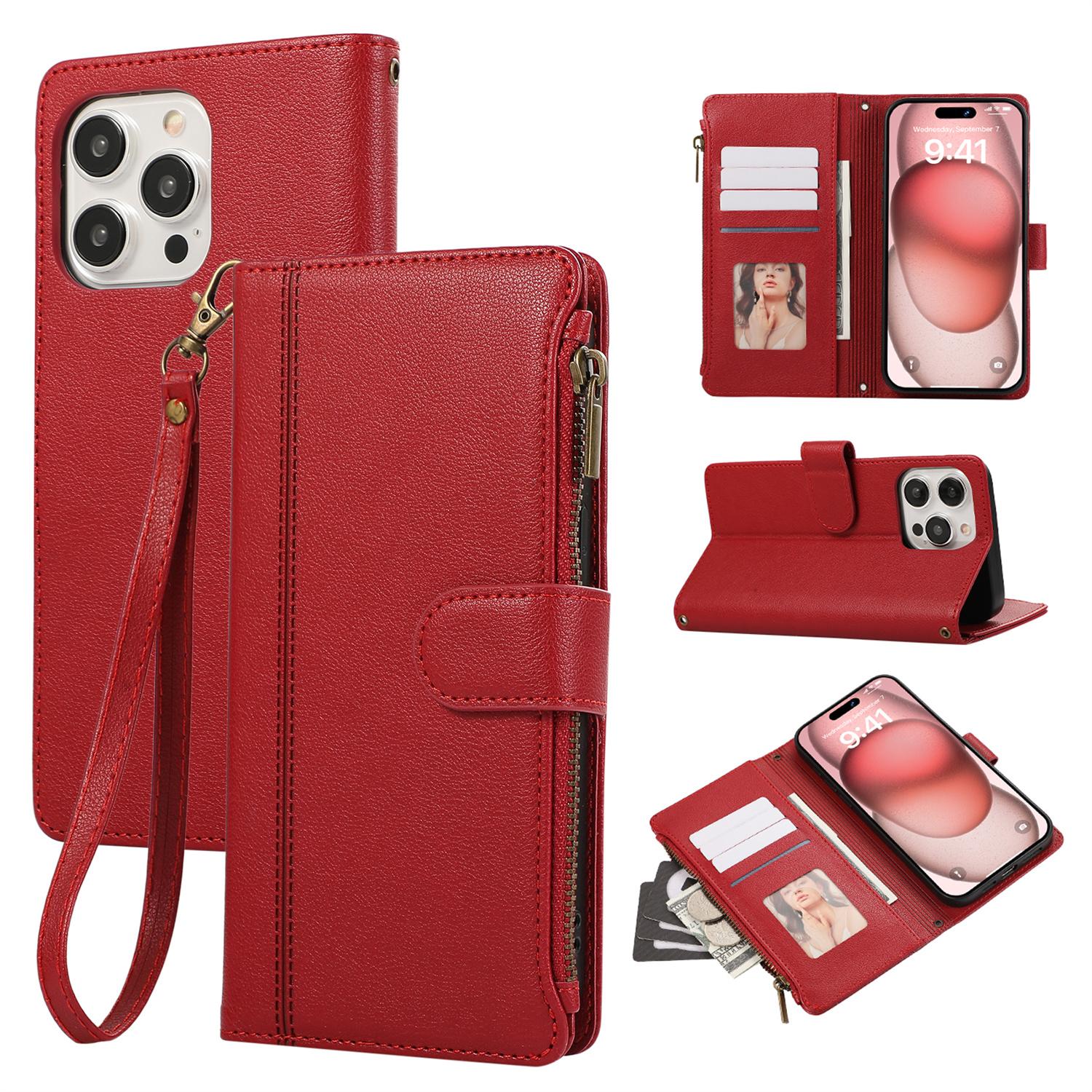 

For iPhone 15 Pro Case Multi Card Slots Zipper Leather Phone Cover with Wrist Strap Red