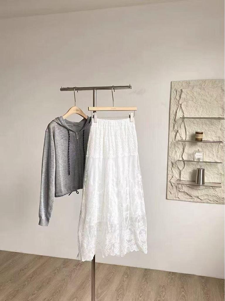 Elegant French Lace Embroidered A-Line Skirt for Women - High Waist, Wide Hem, Long, Layered Design for Autumn/Winter