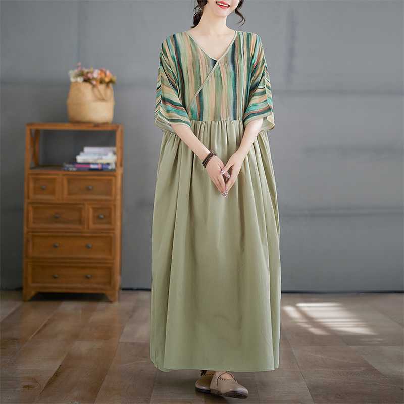 Cotton and Linen Summer Patchwork Retro Style Dress Long Skirt