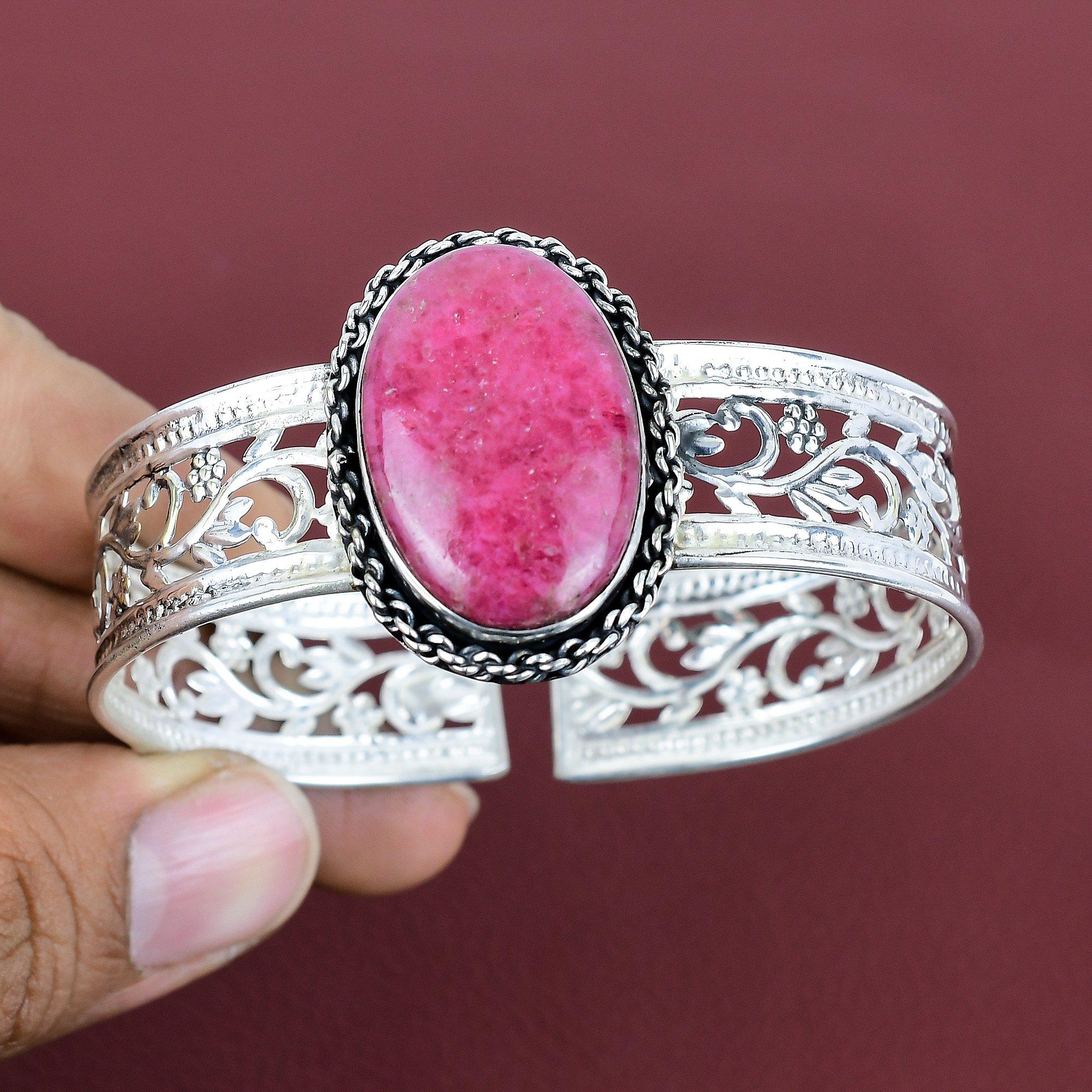 Rhodonite bangle genuine gemstone cuff bracelet 925 sterling silver adjustable cuff bracelet handmade bangle silver jewelry engagement gifts Adjustable