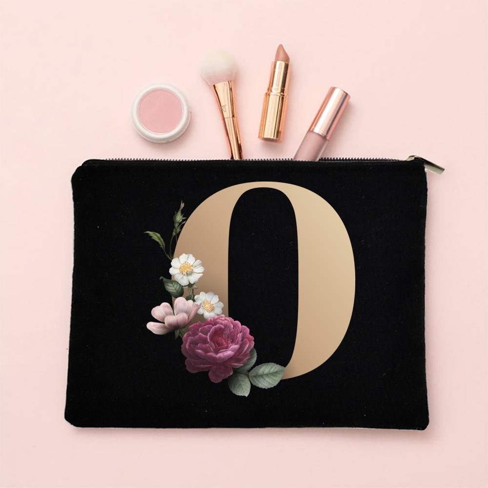 Alphabet Floral Makeup Bag Bridesmaid Maid of Honor Holiday Wedding Bachelorette Party Gift Canvas Cosmetic Zipper Storage Pouch
