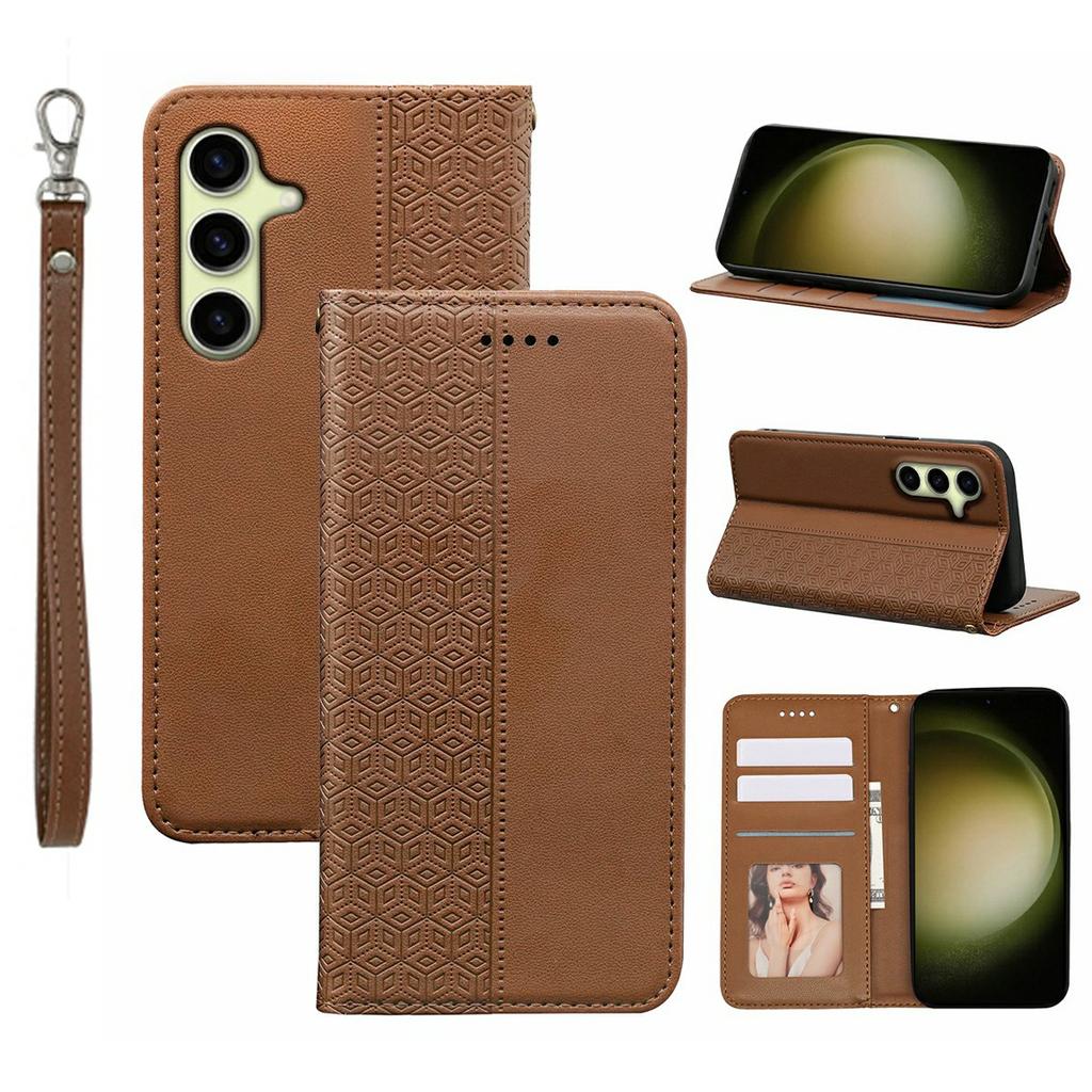 For Samsung Galaxy S26 Wallet Phone Case Checkered Pattern Imprint Leather Flip Cover with Wrist Strap