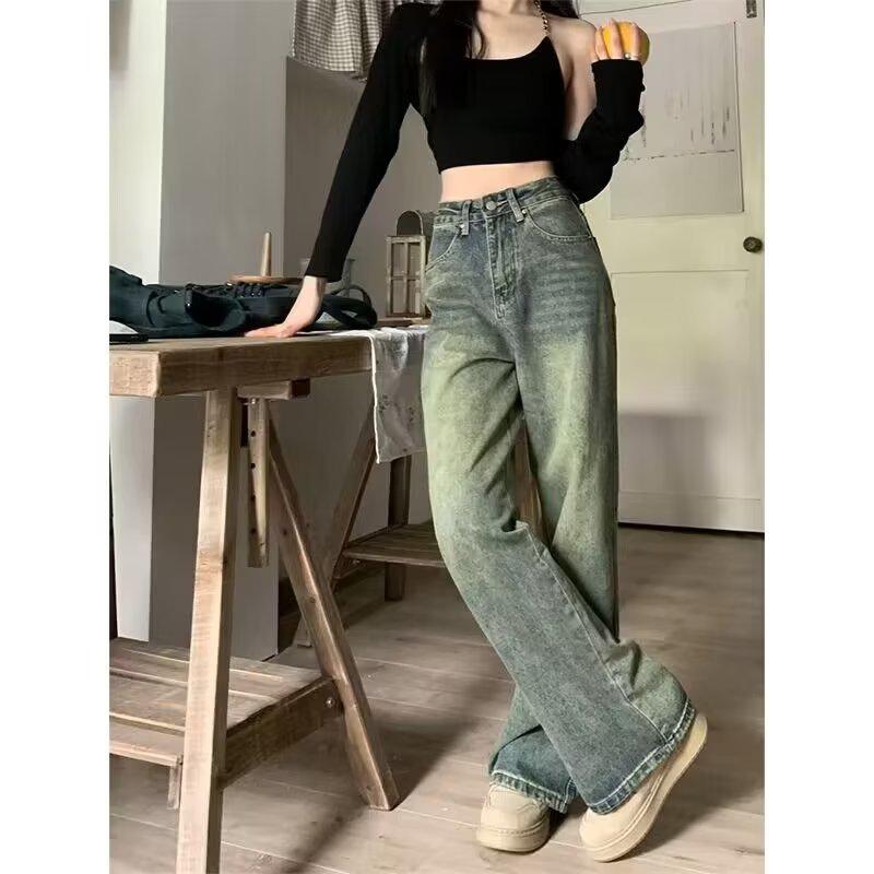 Women's Distressed Retro High-Waist Wide-Leg Jeans - Washed, Loose-Fit, Floor-Length for Spring/Summer