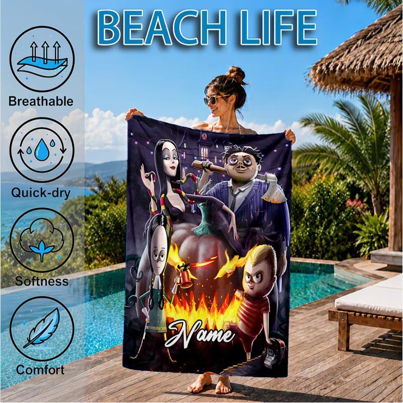 Custom Name Nightmare Addams Beach Towel Microfiber Beach Towel, Lightweight and Quick-Dry, for Summer Travel, Swimming Pool Gift