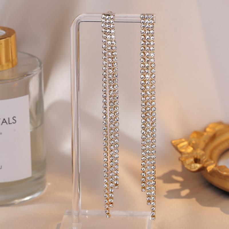 

Simple Trendy Long Shiny Full Crystal Rhinestone Tassel Earrings For Women Drop Dangle Bridal Wedding Earrings Stud Zircon Gift золотий