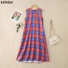 VONDA Ethnic Women Casual Round Neck Sleeveless Plaid Print Casual Tunic Dress