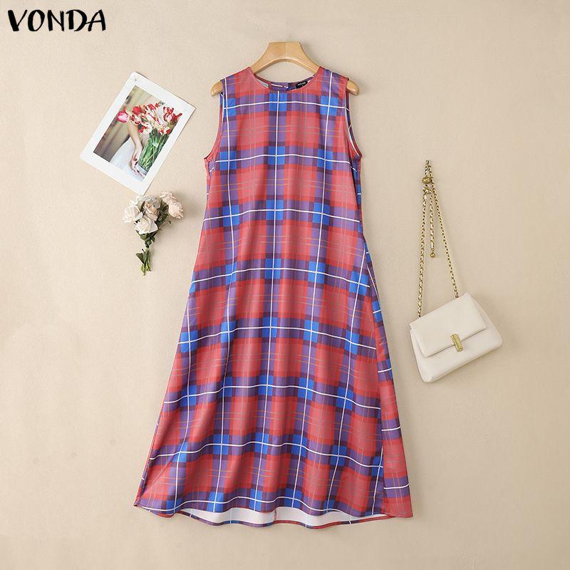 VONDA Ethnic Women Casual Round Neck Sleeveless Plaid Print Casual Tunic Dress