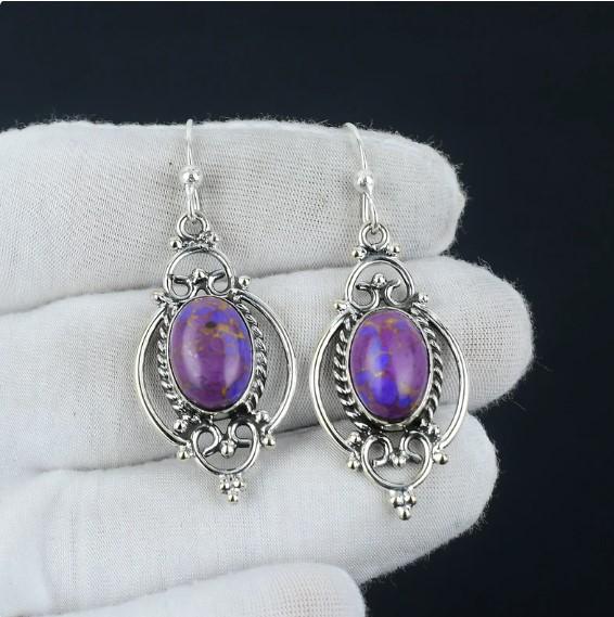 Cercei cu turcoaz mov natural, cercei din argint lucrați manual, argint 925 sterling, cercei cu lacrimi turcoaz, cercei cu picătură