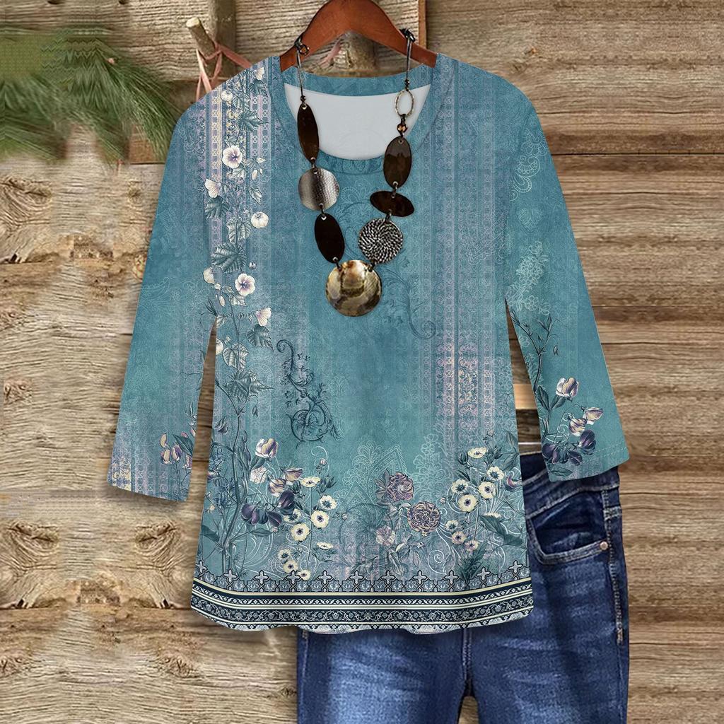 3/4 Sleeve Shirts For Women Cute Print Graphic Tees Blouses Casual Plus Size Basic Tops Pullover