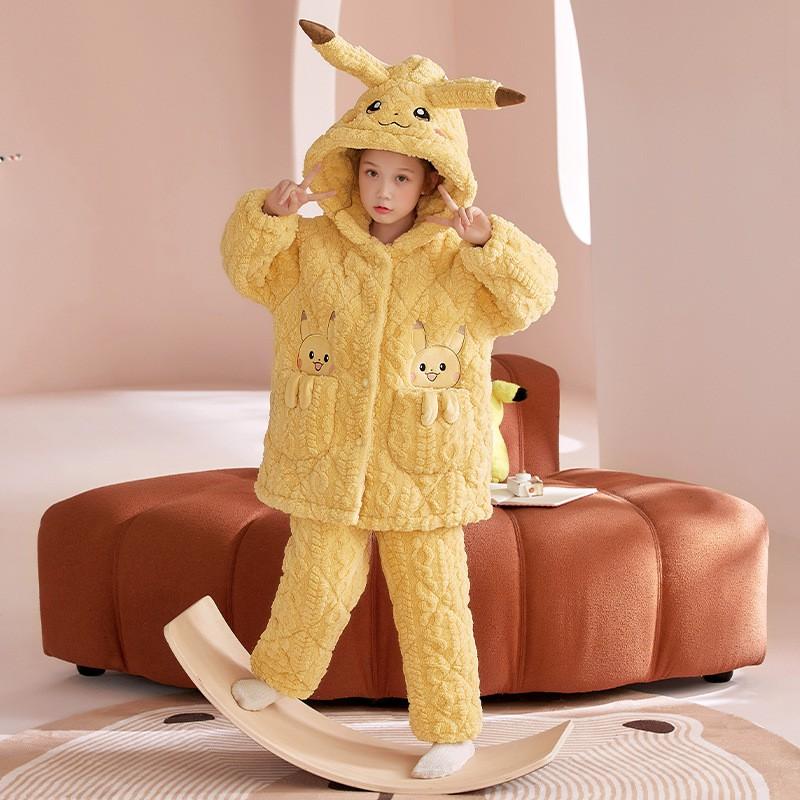 Girls Winter Warm Coral Fleece Pajama Set 3-Layer Quilted Sleepwear Cartoon Animal Print Kid Home Outfit