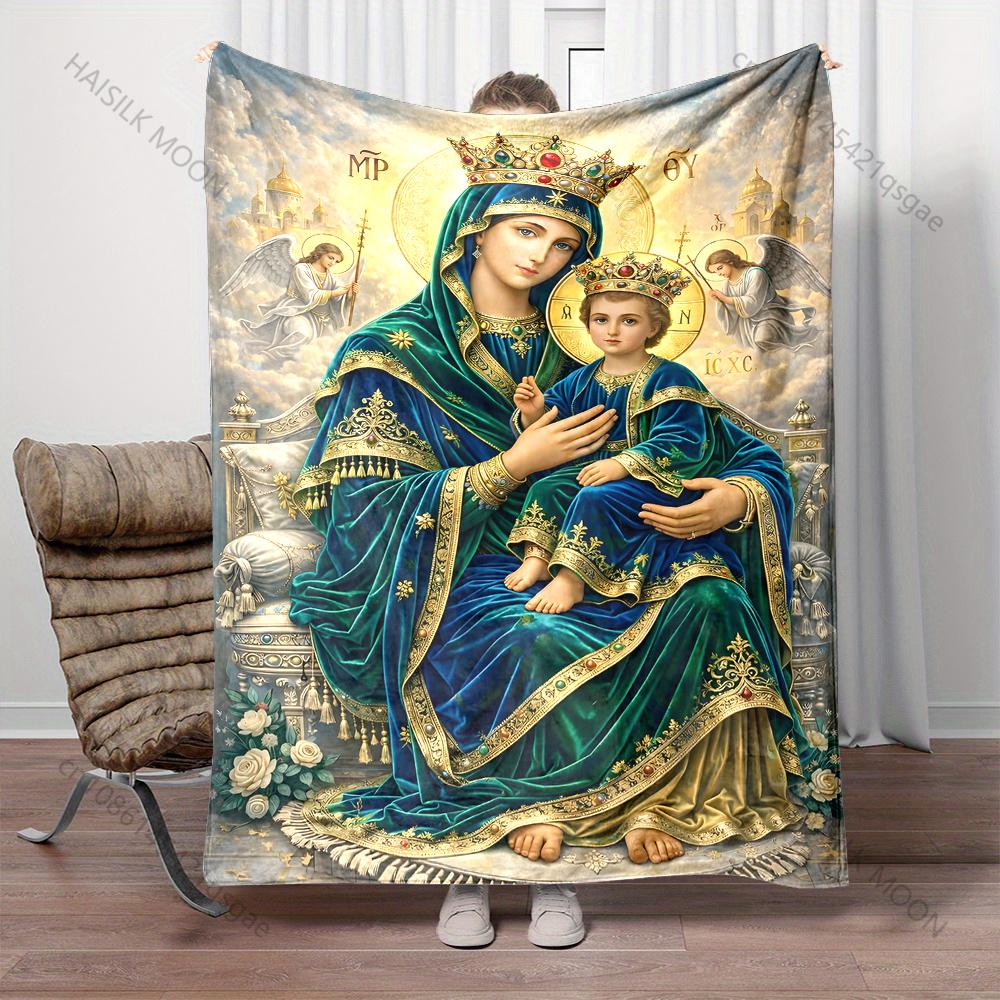 Religious Painting Crown Madonna and Child Print Believer Pray Blanket Warm Soft Flannel Material Suitable for All Seasons Gift