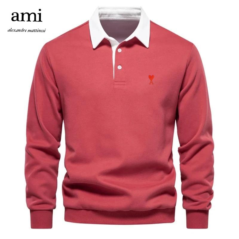 High Street Clothing AMI 2025 Geborduurd Heren Polo Shirt met Lange Mouwen van Puur Katoen voor Herfst en Winter L