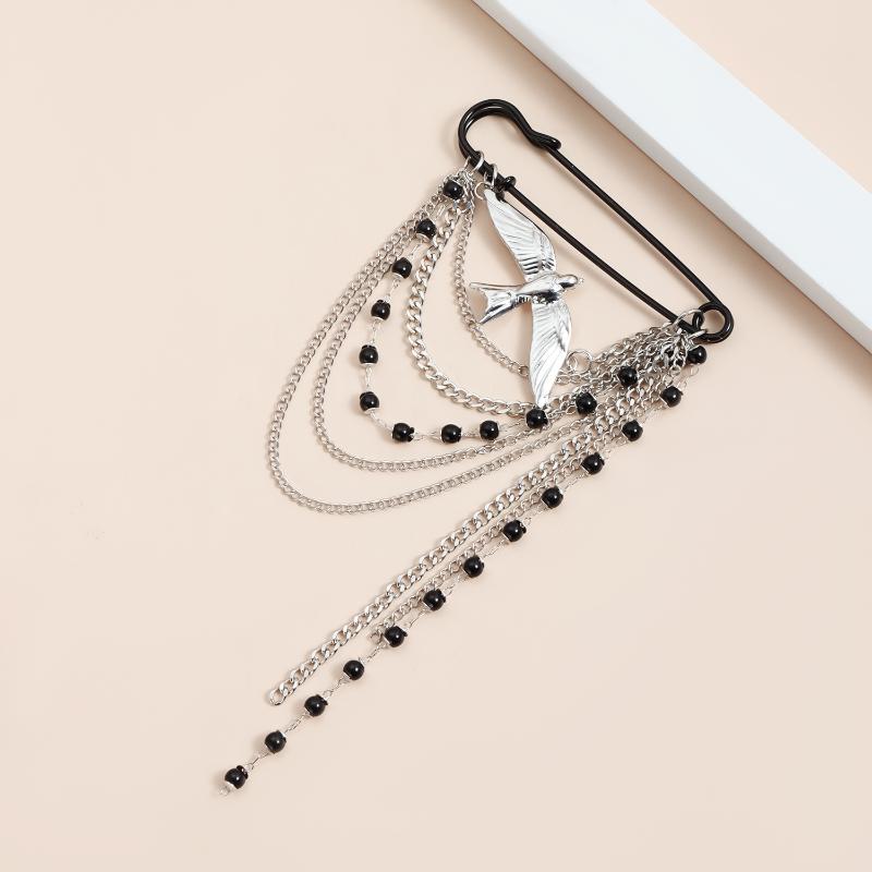 Swallow Black Beaded Tassel Multi-Layer Chain Brooch For Women Clothes Jewelry Accessries Gifts