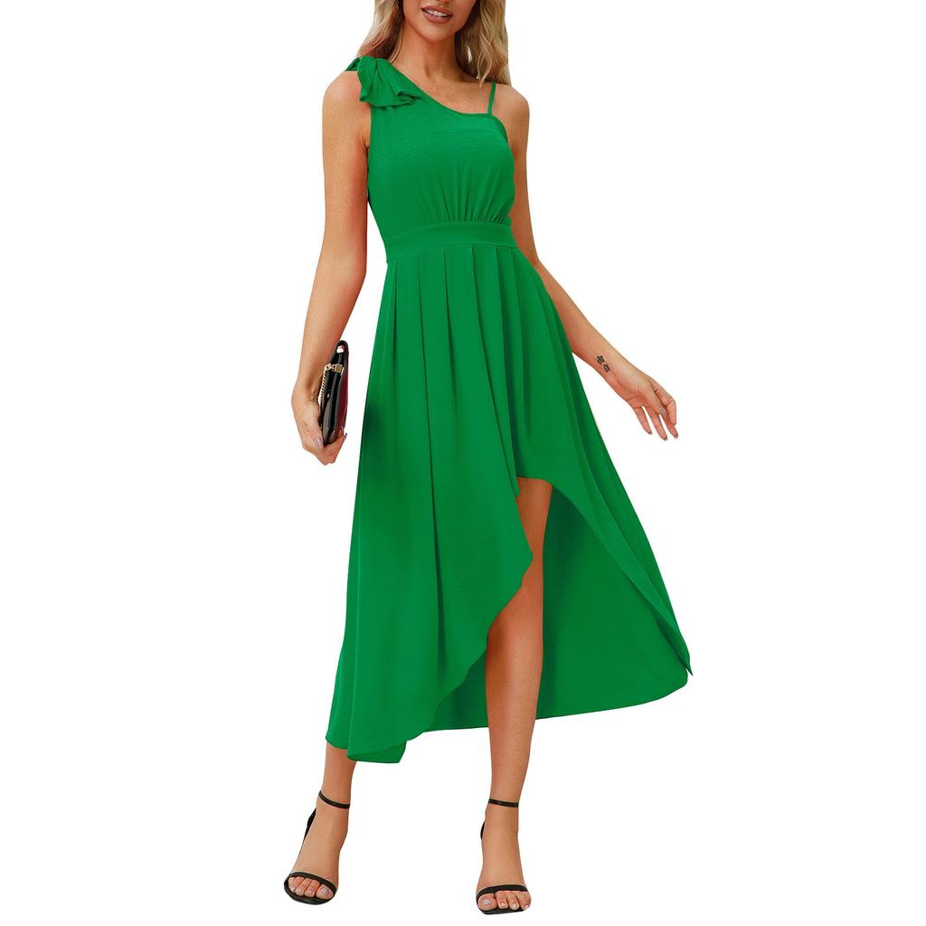 Summer Ladies Elegant Bow Suspender Pleated Irregular Sleeveless Dress For Women