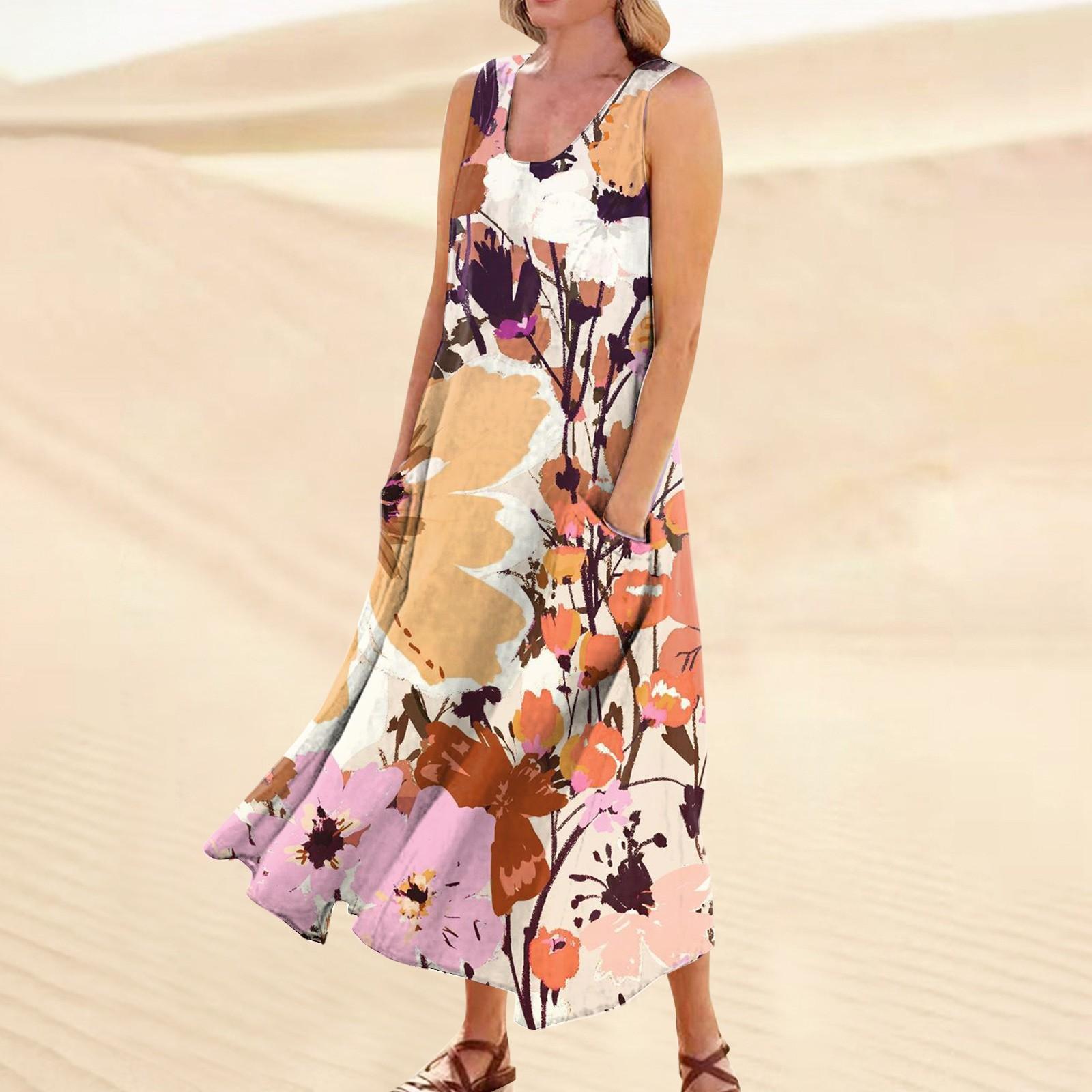 

Женское повседневное удобное хлопковое карманное платье без рукавов с цветочным принтом XXXL имбирный