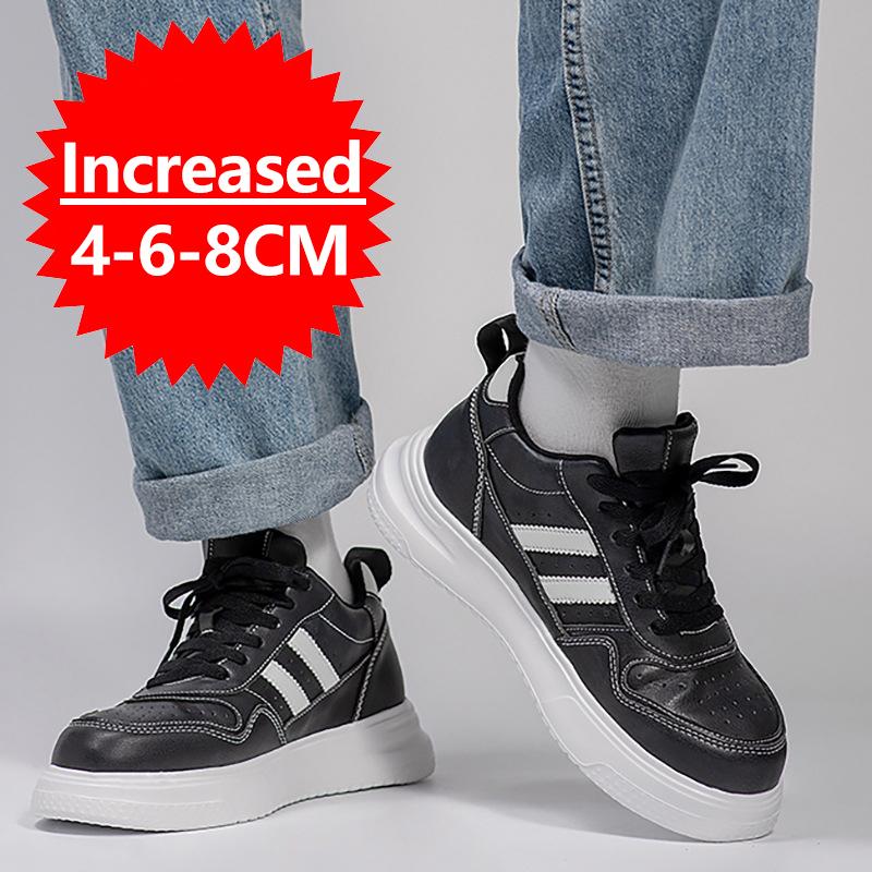 New Men's Casual Shoes Leather Simple Black White Sneakers Fashion Breathable Sneakers 4/6/8cm Invisible Height Increasing Shoes