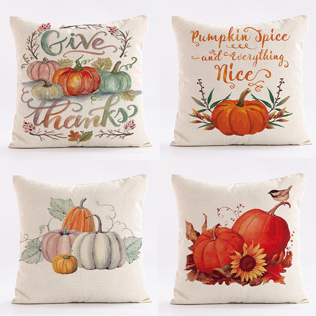 Cotton Linen Pumpkin Print Pillow Cover 45x45cm Square Decorative Cushion Case for Home Living Room Sofa Bedroom Autumn Style