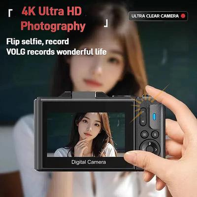Câmera Selfie 64MP com Tela Flip 180° WIFI Câmera Digital 4K Pequena Portátil Zoom Digital 18x Câmera Vlog