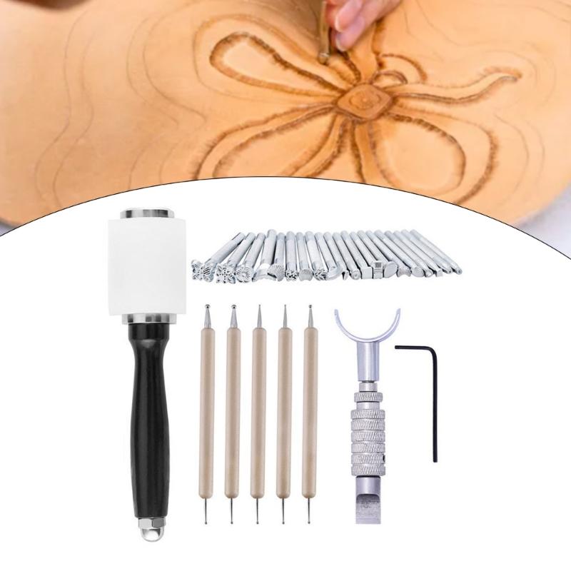 Leather Stamping Tool Leathercraft Carving Kits Leather Craft Hammer Leather Carving Embossing Tools for DIY Craft