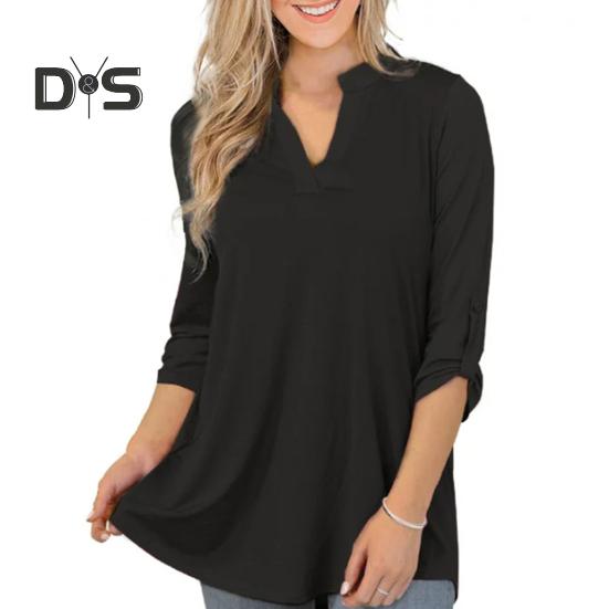 Women Shirt V-neck 3/4 Roll-Up Sleeves Lightweight Tops Flower Print Flowy Hem Tunic Tops Daily Wear