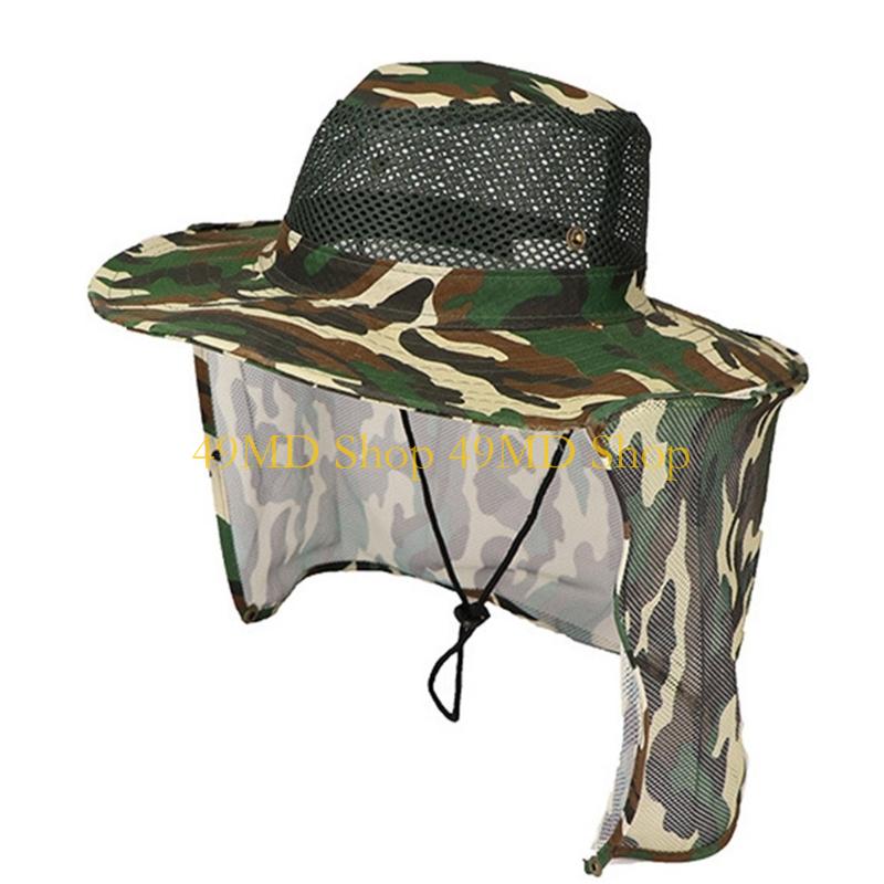 49MD Camouflage Mesh Sun Hat for Various Age Breathable Fisherman Hat with Neckflap Sweat Absorbent Hat for Outdoor Activity