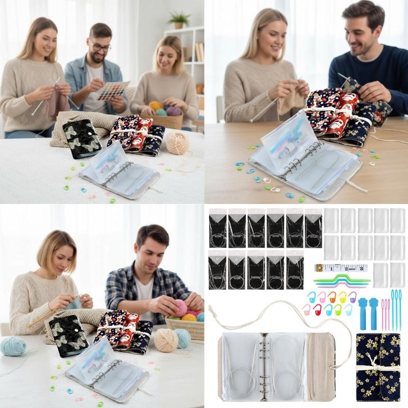 Circular Needle Organiser Bag with 12Pcs Removable Zippered PVC Binder Pocket Portable Knitting Needle Case For Sewing