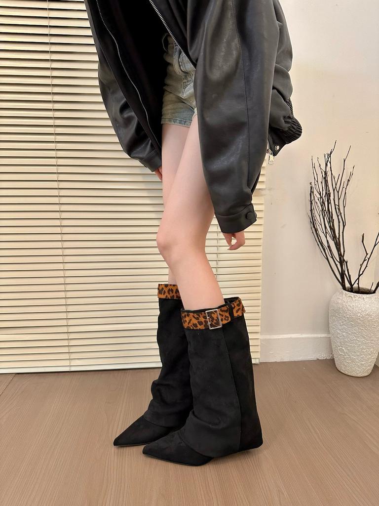 Spice Girl Ernie! Stylish Leopard Print Pointed Wedge Heel Pant Pants Boots Autumn Removable Belt Buckle Mid Boots