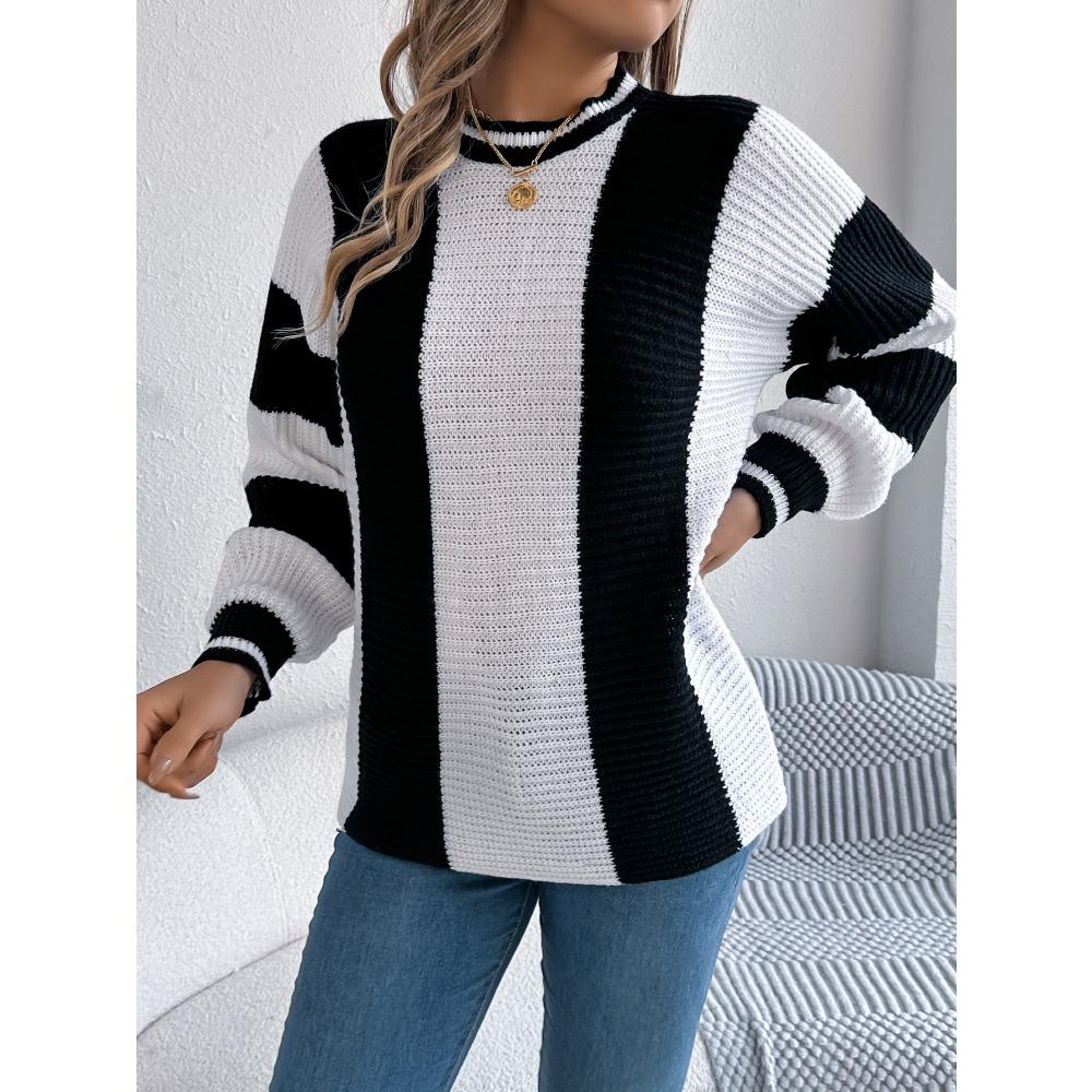 Fashionable Women's Hoodie: Casual Contrast-Striped Lantern-Sleeve Pullover Knitwear