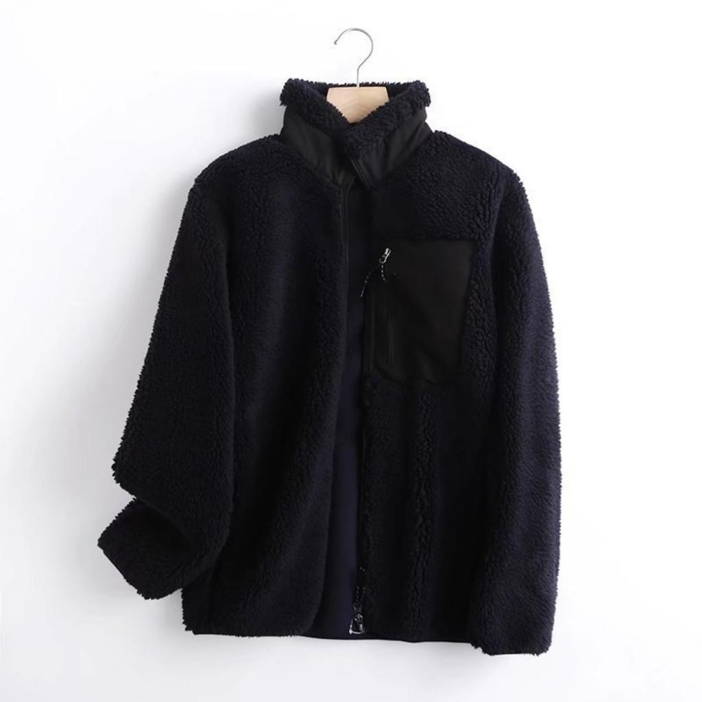 Autumn and Winter Women's Outerwear with Contrasting Fabric, Fine Edge Decoration, Zipper Cardigan, Casual Plush Jacket
