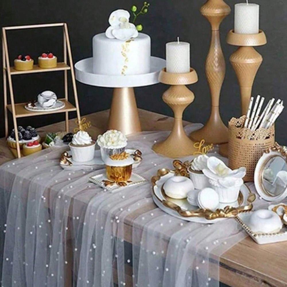 Mesh Fabric Bridal Veil Sheer Table Cloth Flower Wrapping Pearl Table Runner  Wedding Party