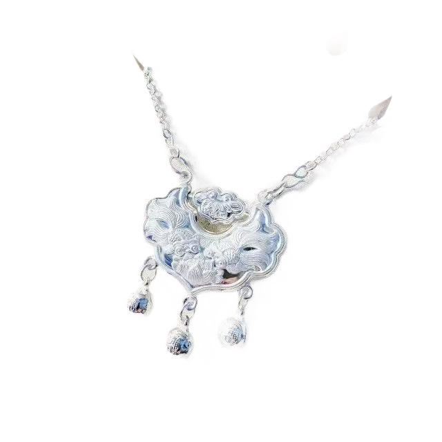 Sterling Silver Lotus Longevity Pendant: Retro Chinese Peace Lock Necklace for Women - Pure Silver Charm Gift.