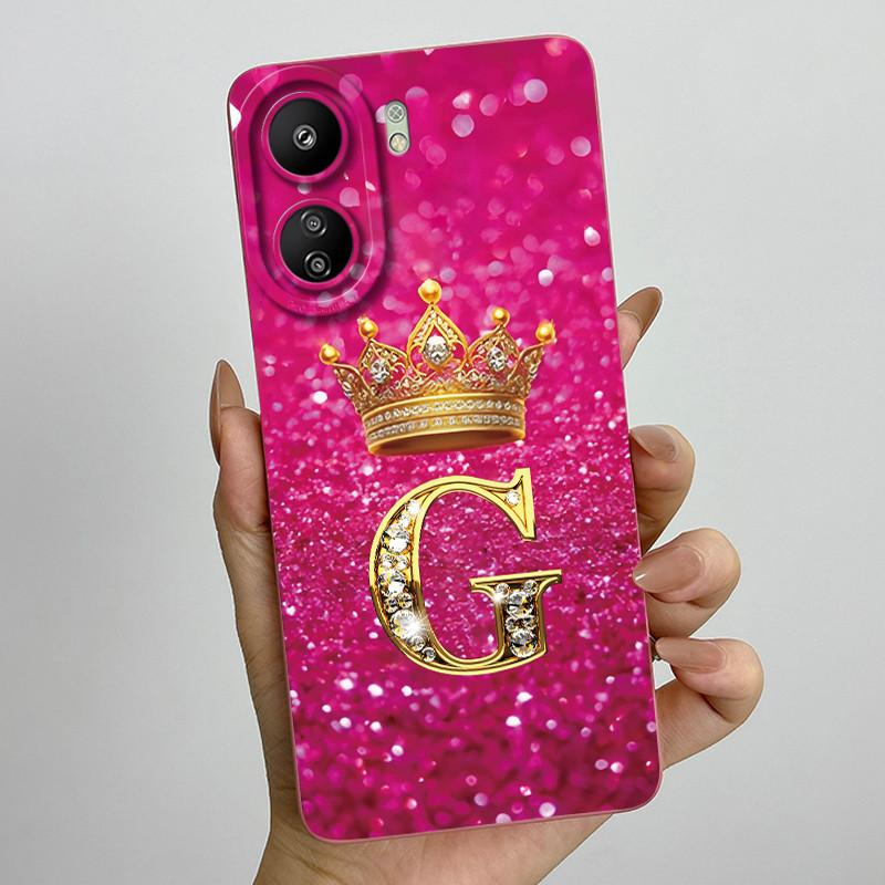 For Xiaomi Redmi 13C 4G Phone Case 13C Crown Initial Letter Silicone Soft Back Cover For Redmi 13C 13 C 4G Poco C65 Coque Capa