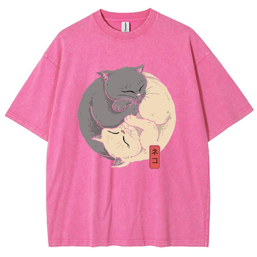 Japanese Two Cat Print Women Washed T-Shirt Oversized Loose Cotton Half-Sleeved Cute Anime Style Top Student Daily Tees
