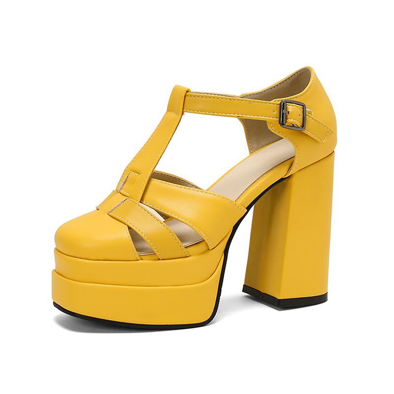

Удобные женские босоножки на платформе, каблуке, с массивным закрытым носком, кожаные, больших размеров 15, с Т-образным ремешком, туфли-лодочки с вырезами 15 жёлтый