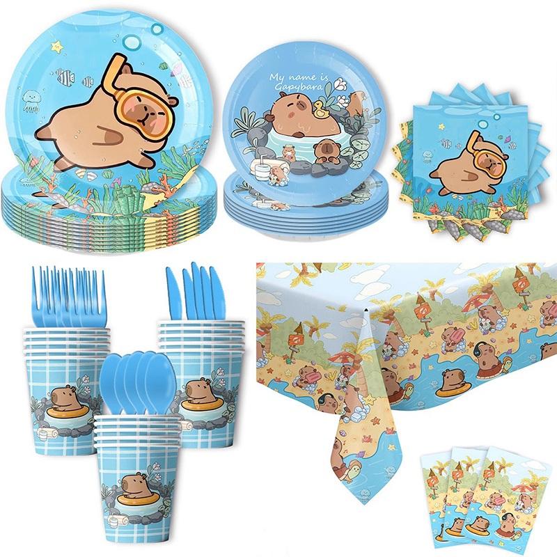 Capybara Theme Disposable Tableware Set Cartoon Capybara Tablecloth Cups Plates Napkin Happy Birthday Banner Kids Party Supplies