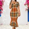 Women Plus Size V Neck Short Sleeve Plaid Printed Fitted Fishtail Midi Dress