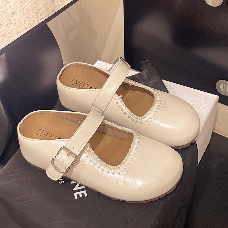 Rhinestone women's woven ballet shoes 2025 new round head Mary Jane rivet soft leather hollow flat-bottomed dance shoes